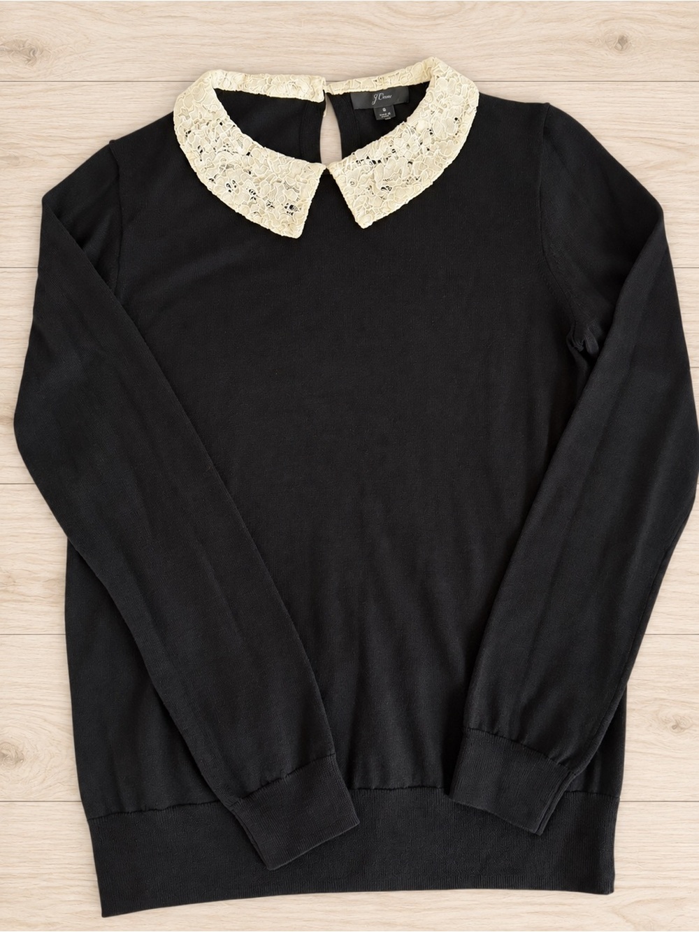 J.Crew Black Sweater Ivory Lace Peter Pan Collar Size S